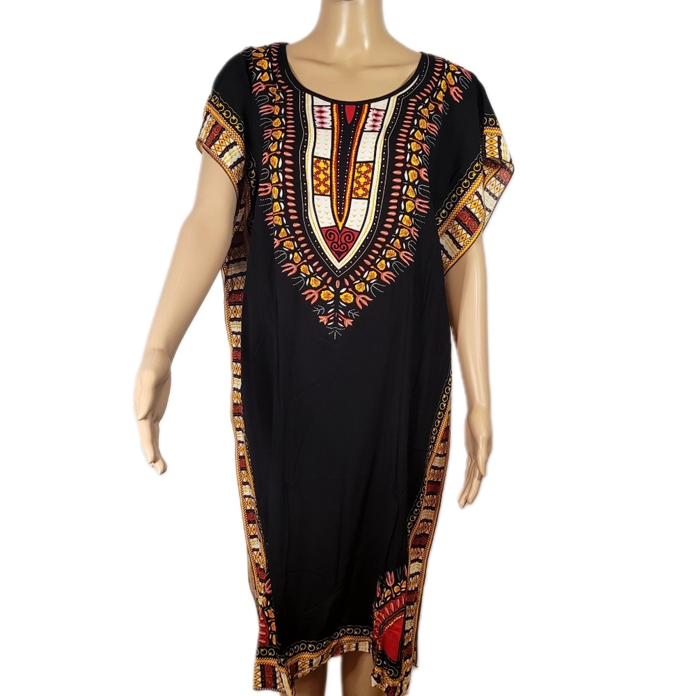 Women's Traditional African Print Dashiki Dress Short Sleeve, Size L
